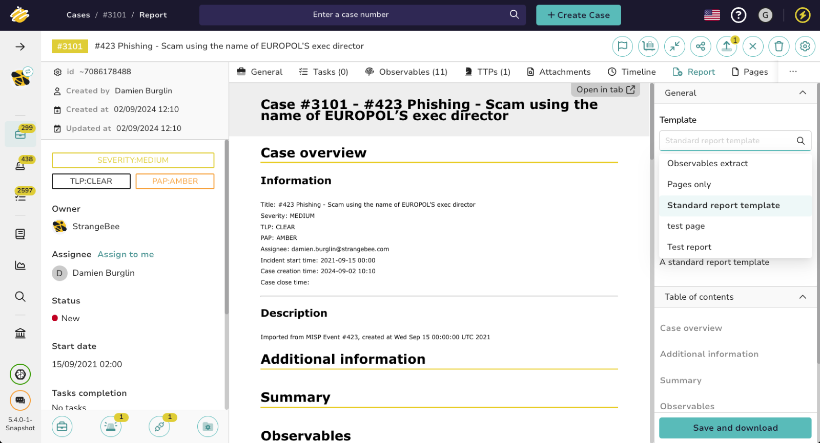 TheHive Case Report interface - 2