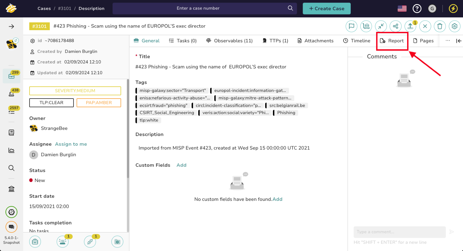 TheHive Case Report interface - 1